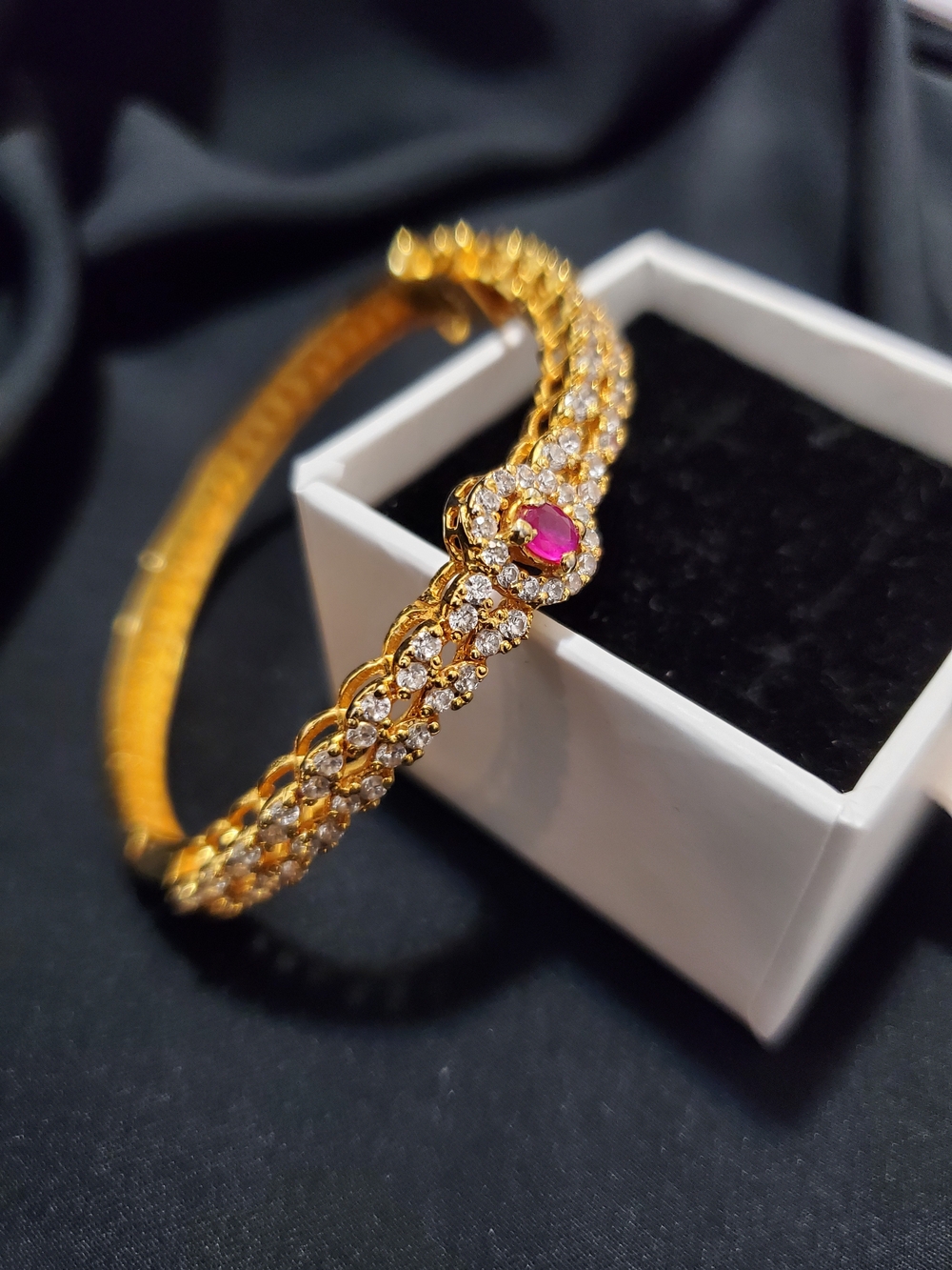 925 Sterling Silver Gold Plated Crystal Bangle Bracelet with Pink Stone Size S